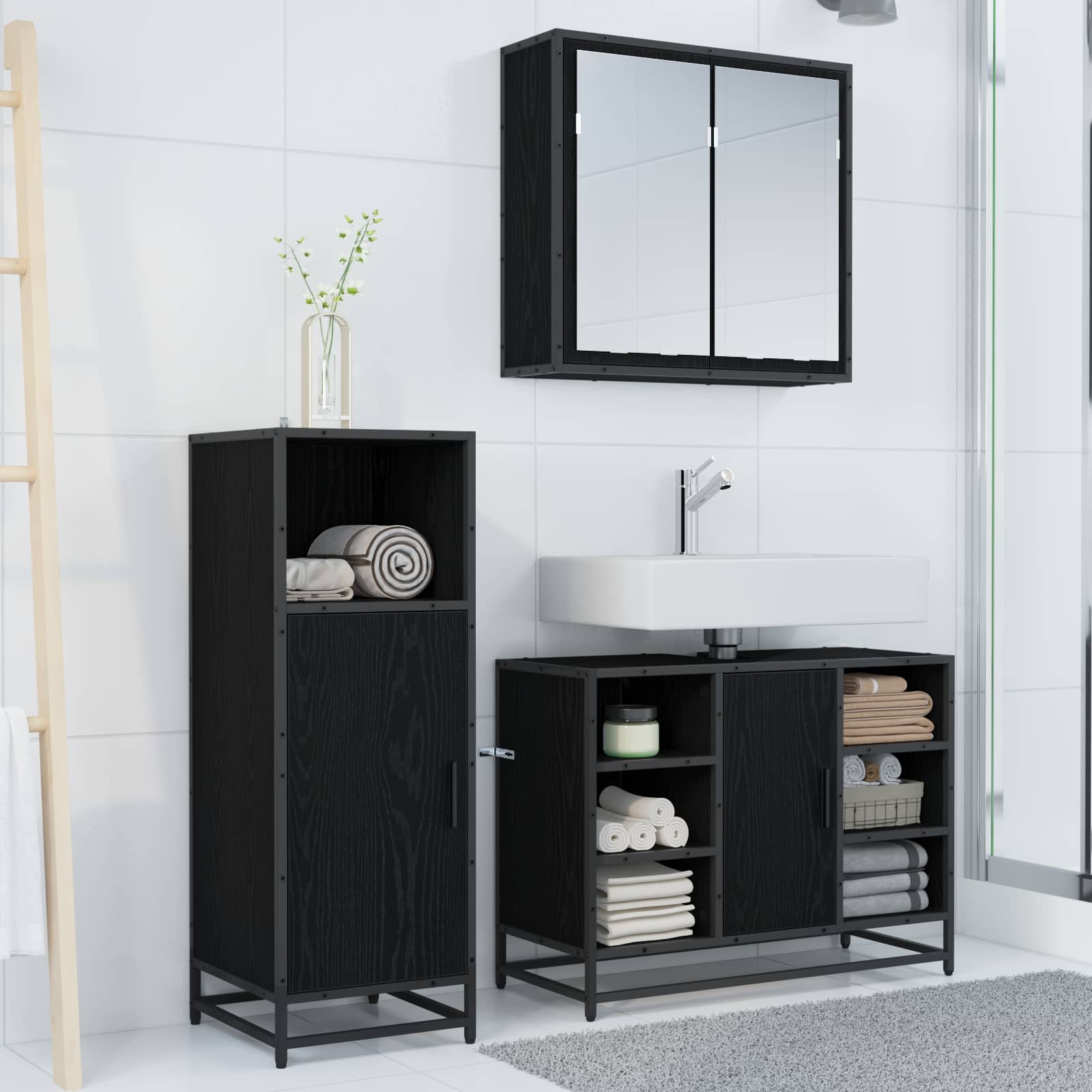 Set di mobili per il bagno 3 pcs Rovere Nero Legno multistrato