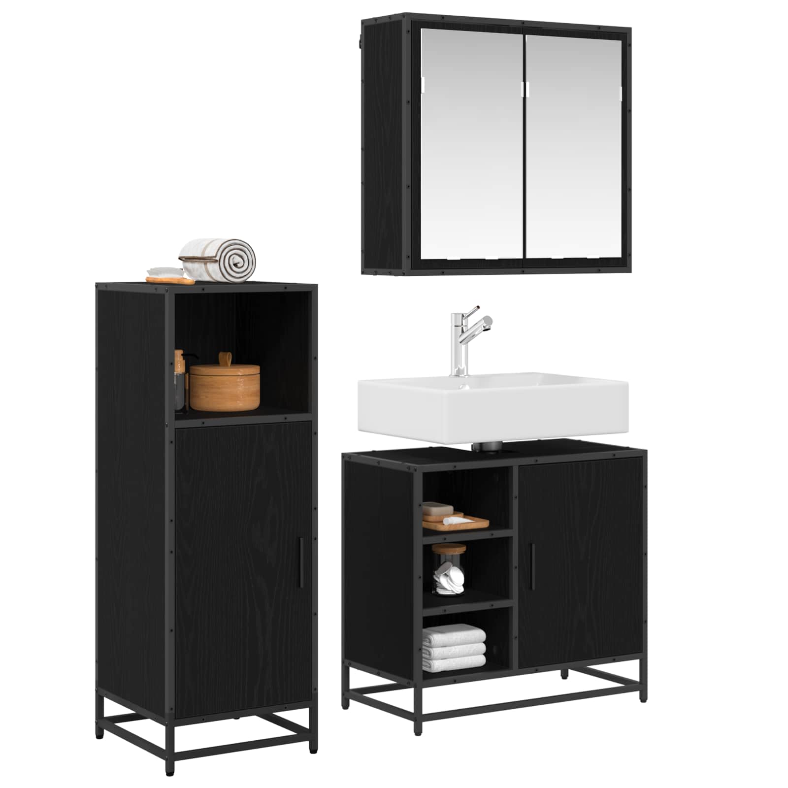 Set di mobili per il bagno 3 pcs Rovere Nero Legno multistrato
