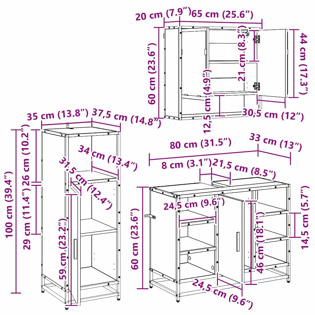 Set di mobili per il bagno con porta 3 pcs Rovere artigianale 3402466