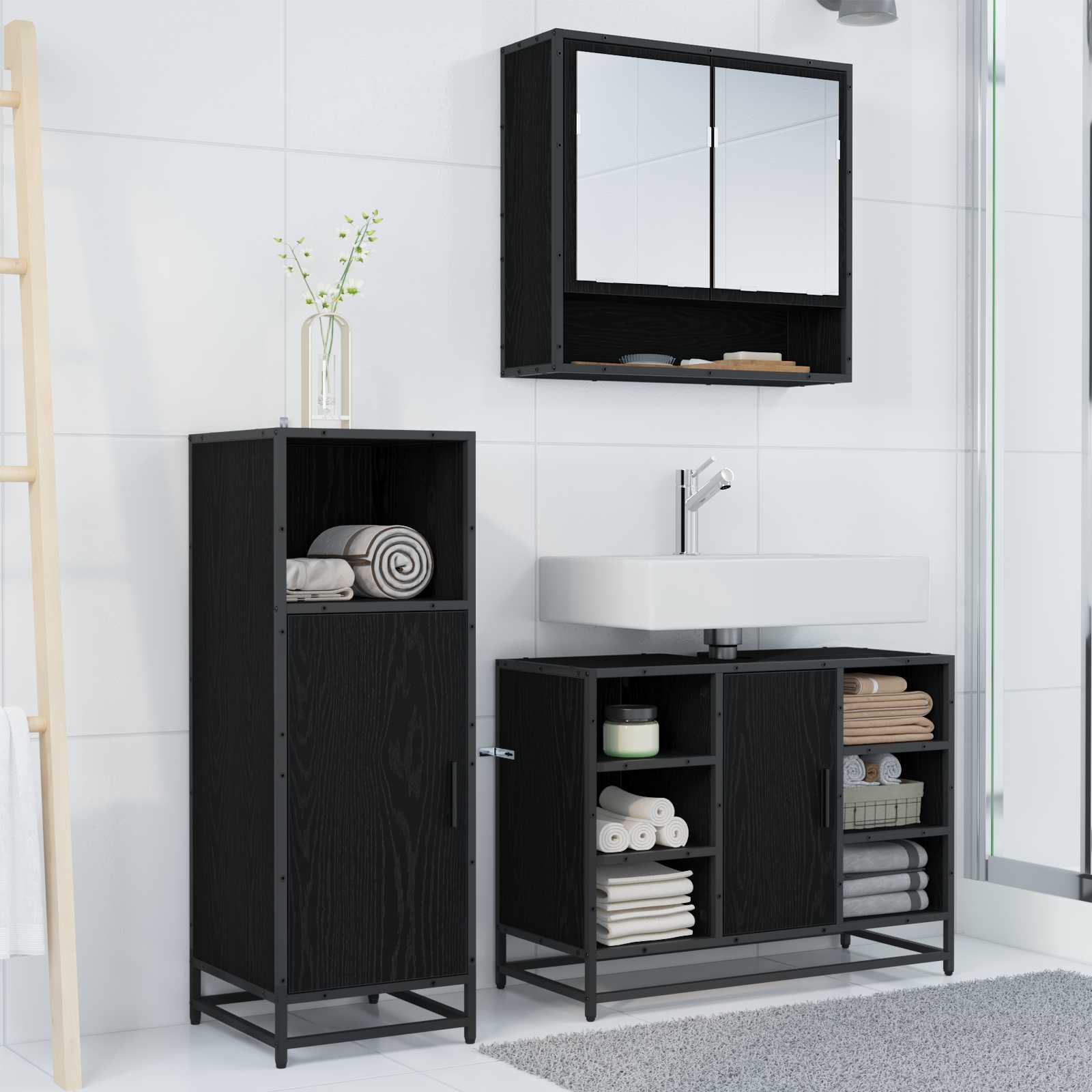 Set di mobili per il bagno 3 pcs Rovere Nero Legno multistrato