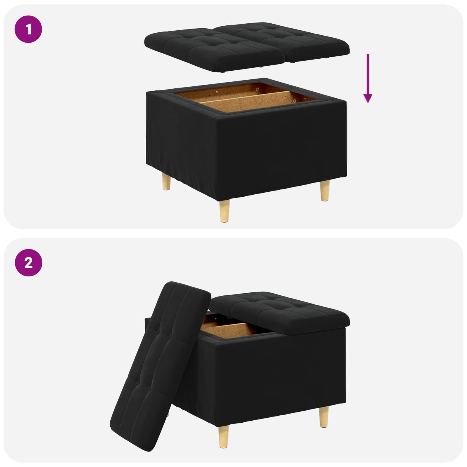 Sgabello Button con cuscino Nero 60 x 60 x 45 cm Velluto 876829