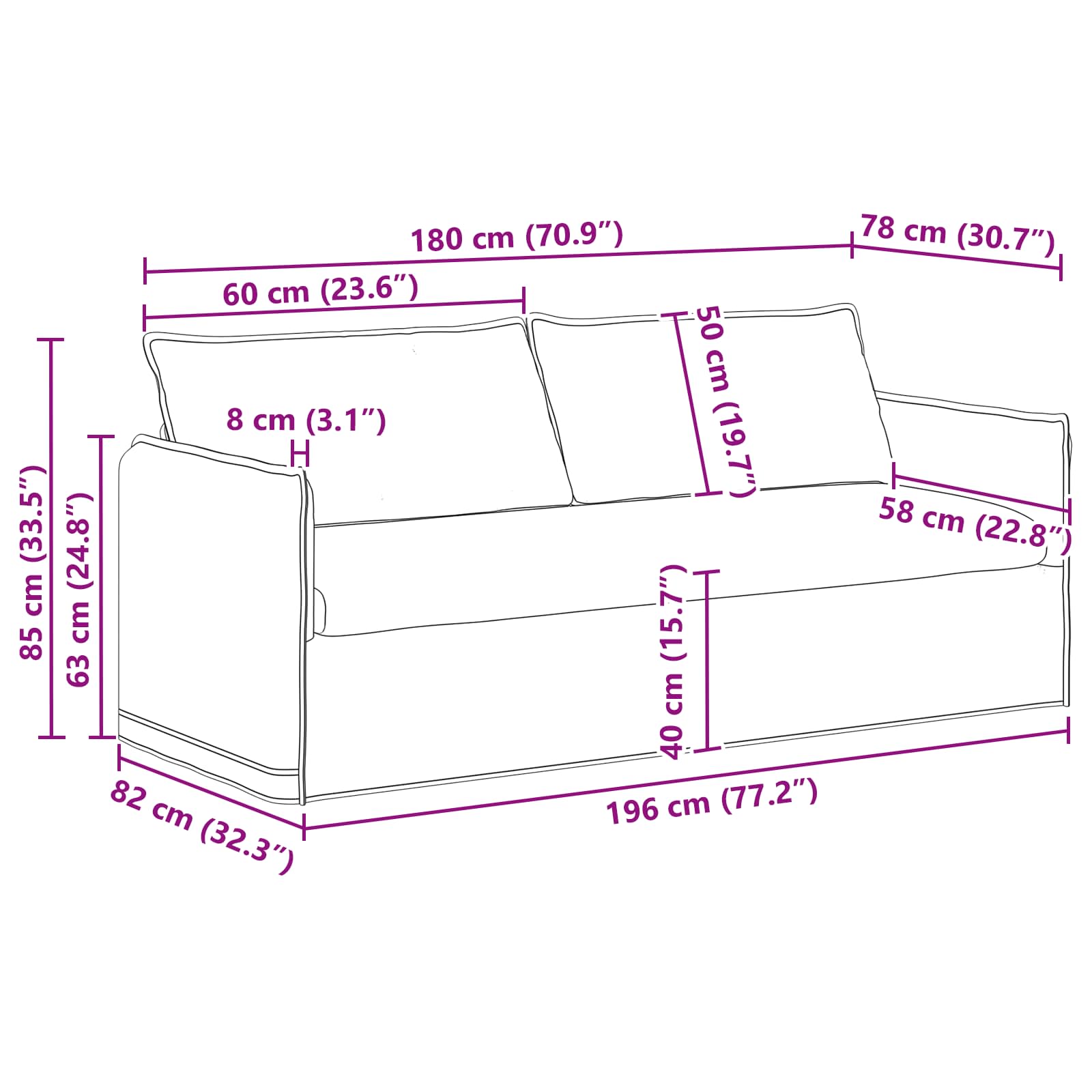Divano Crema 195 x 82 x 85 cm Metallo 42024530