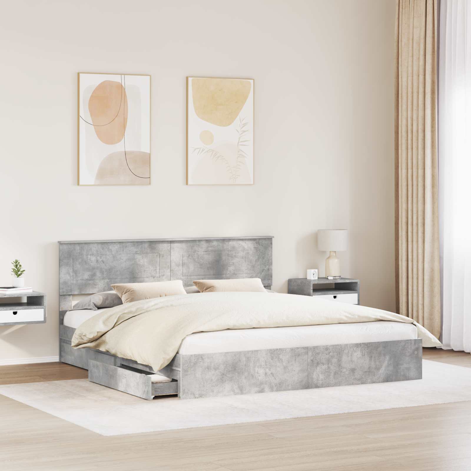 Letto con Contenitore con testiera-Struttura Letto con contenitore Grigio cemento 200 x 200 cm 729181