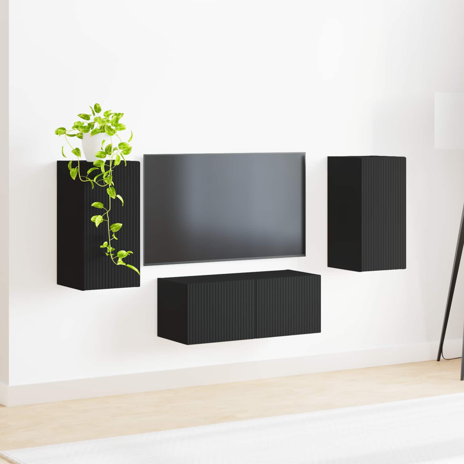 Set mobile TV Montaggio a parete 6 pcs Nero Legno multistrato