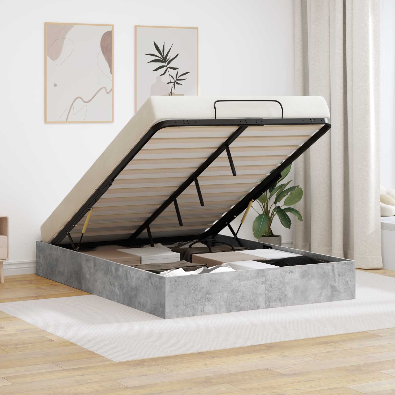 Letto ottomano Grigio cemento 150 x 200 cm Legno multistrato