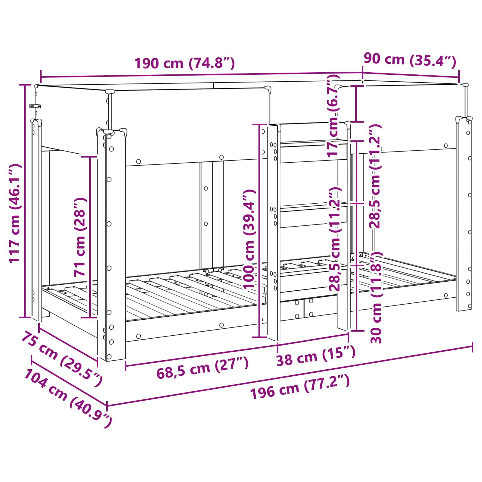 Letto a Castello per Bambini Grigio cemento 100 x 190 cm 3410534