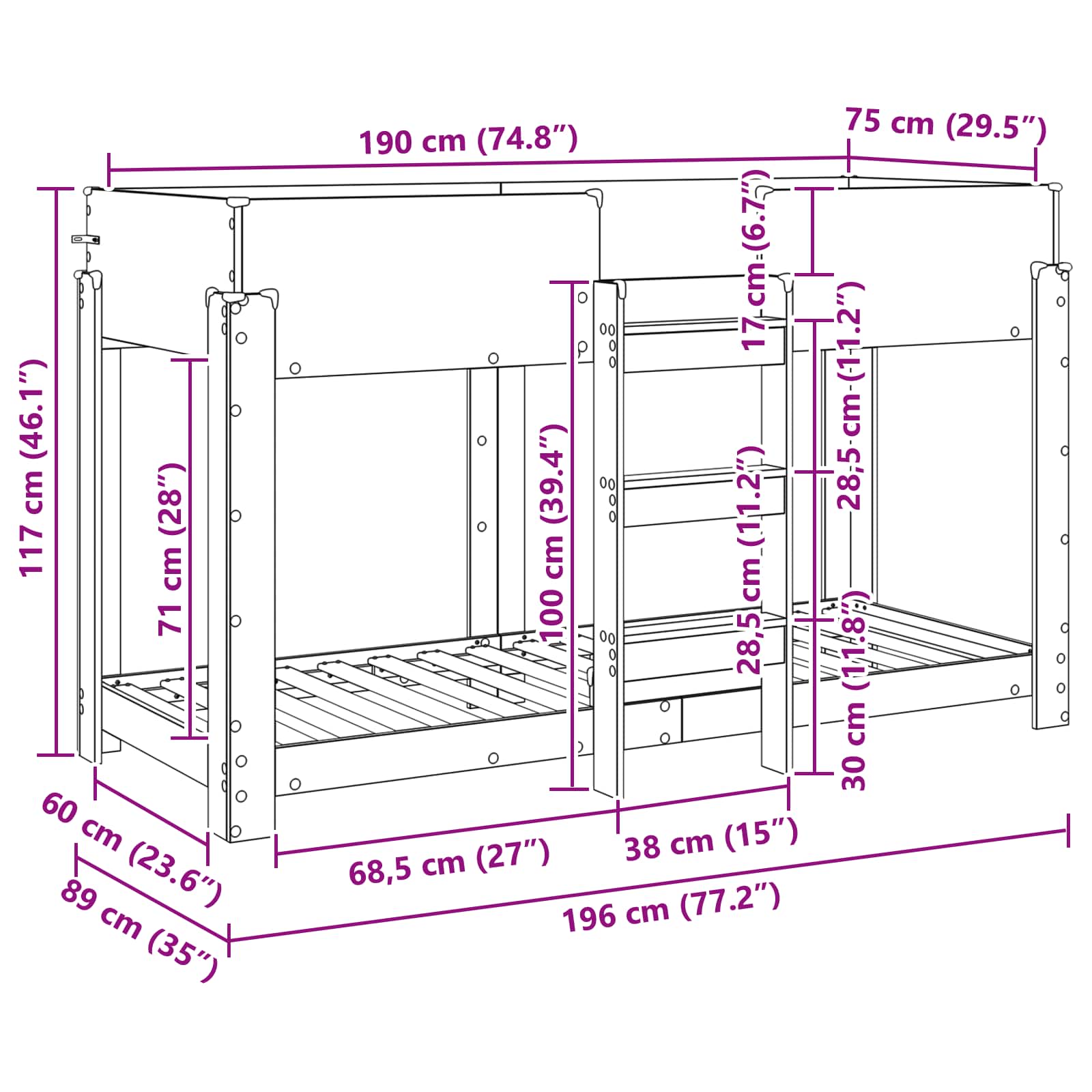 Letto a Castello per Bambini con materasso Bianco 80 x 190 cm 3410539