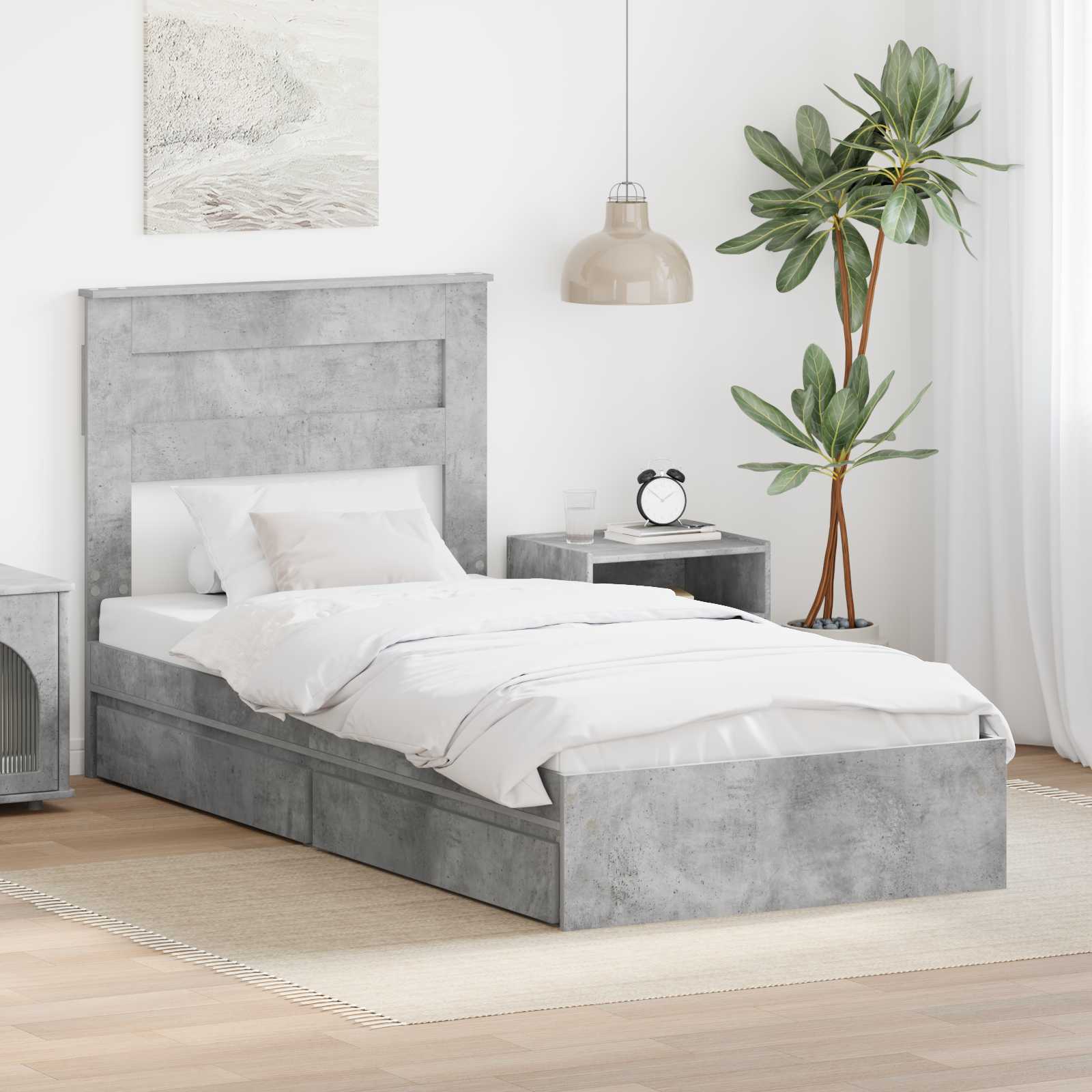 Letto con Contenitore con testiera-Struttura Letto con contenitore Grigio cemento 75 x 190 cm 790431