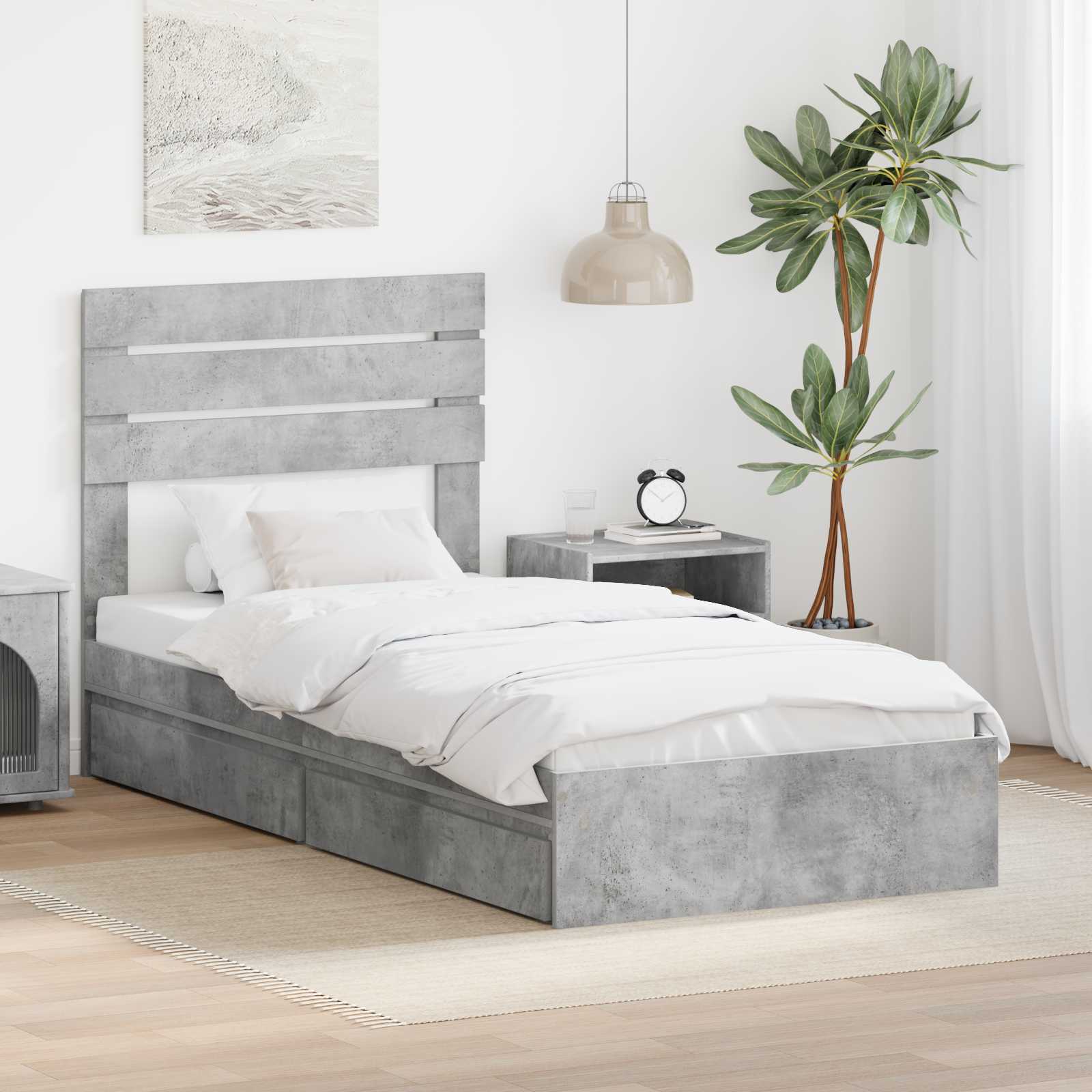 Letto con Contenitore con testiera-Struttura Letto con contenitore Grigio cemento 100 x 200 cm 135045
