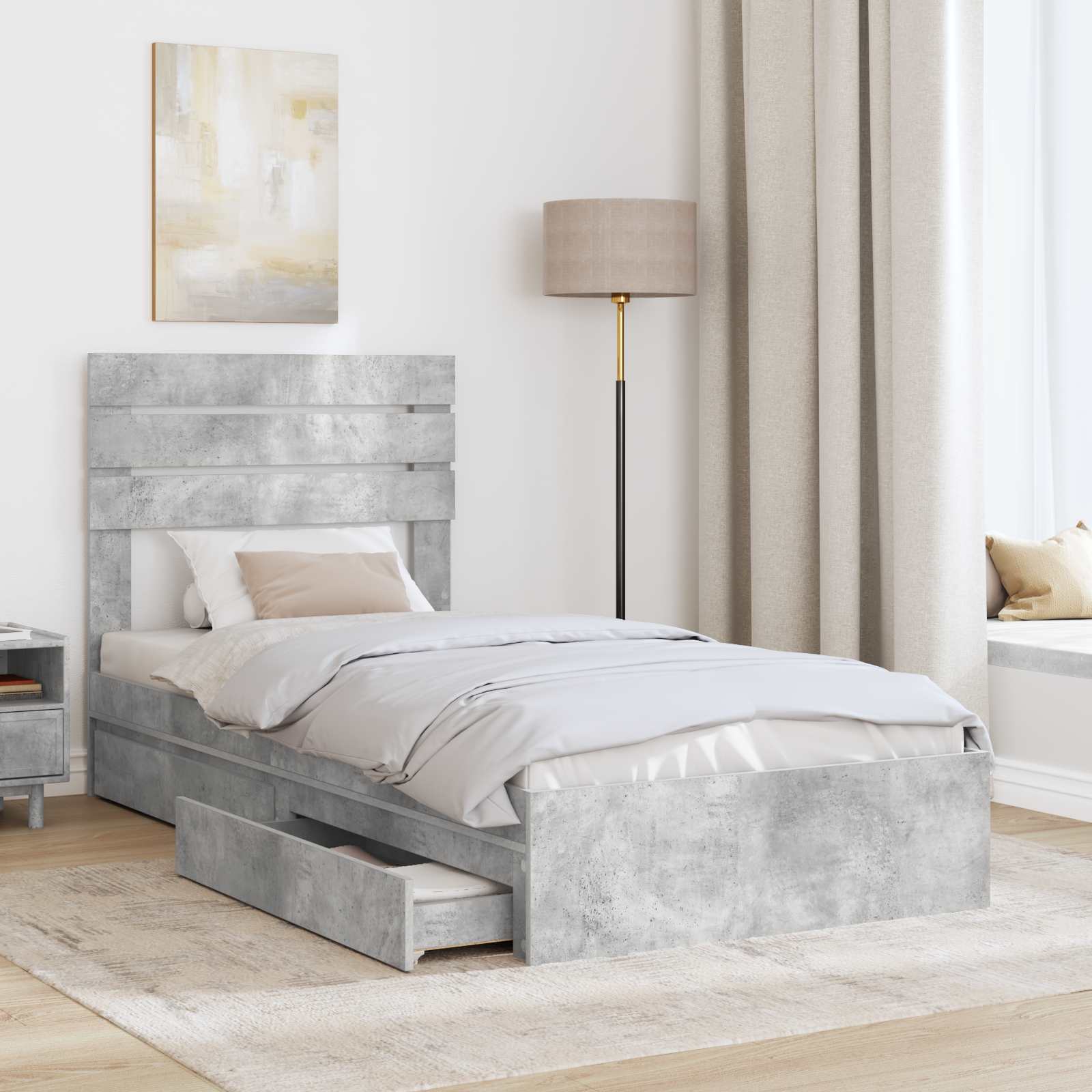 Letto con Contenitore con testiera-Struttura Letto con contenitore Grigio cemento 90 x 200 cm 469482