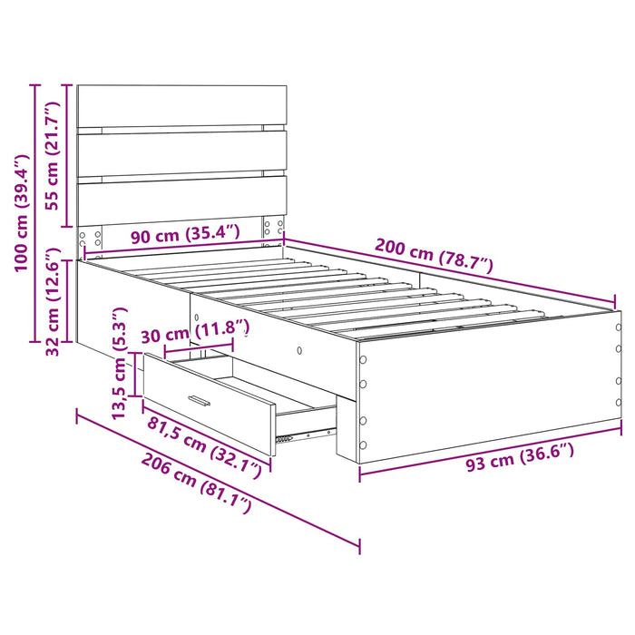 Struttura del letto con cassetto Rovere artigianale 90 x 200 cm 3412019