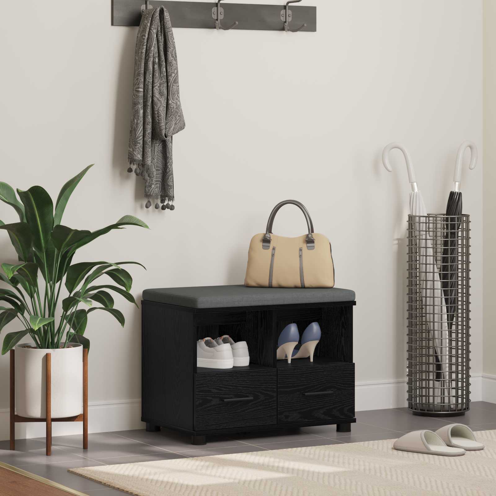 Panca per ingresso con cuscino Rovere Nero 60 x 38 x 46 cm 891449