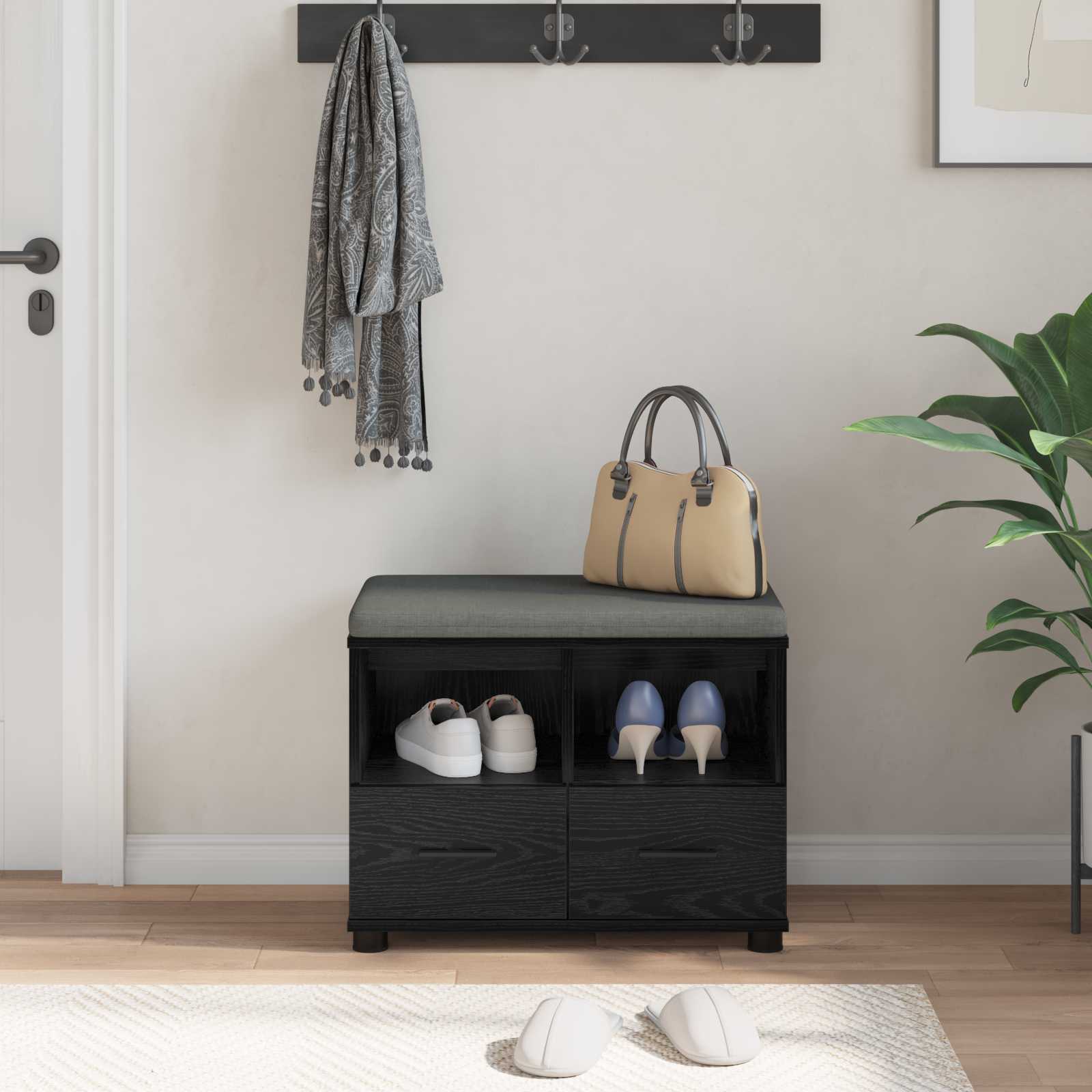 Panca per ingresso con cuscino Rovere Nero 60 x 38 x 46 cm 891449