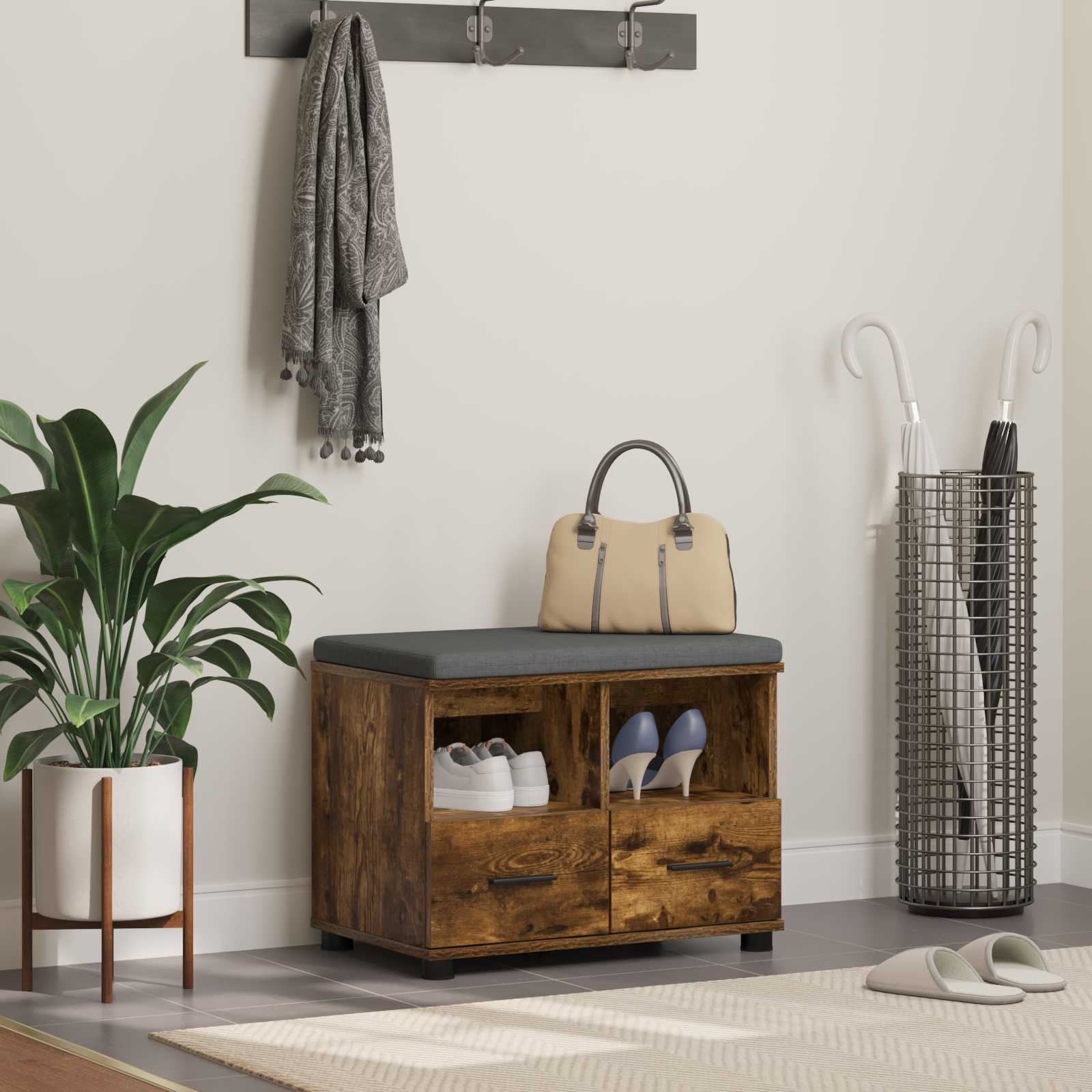 Panca per ingresso con cuscino Rovere fumé 60 x 38 x 46 cm 891452