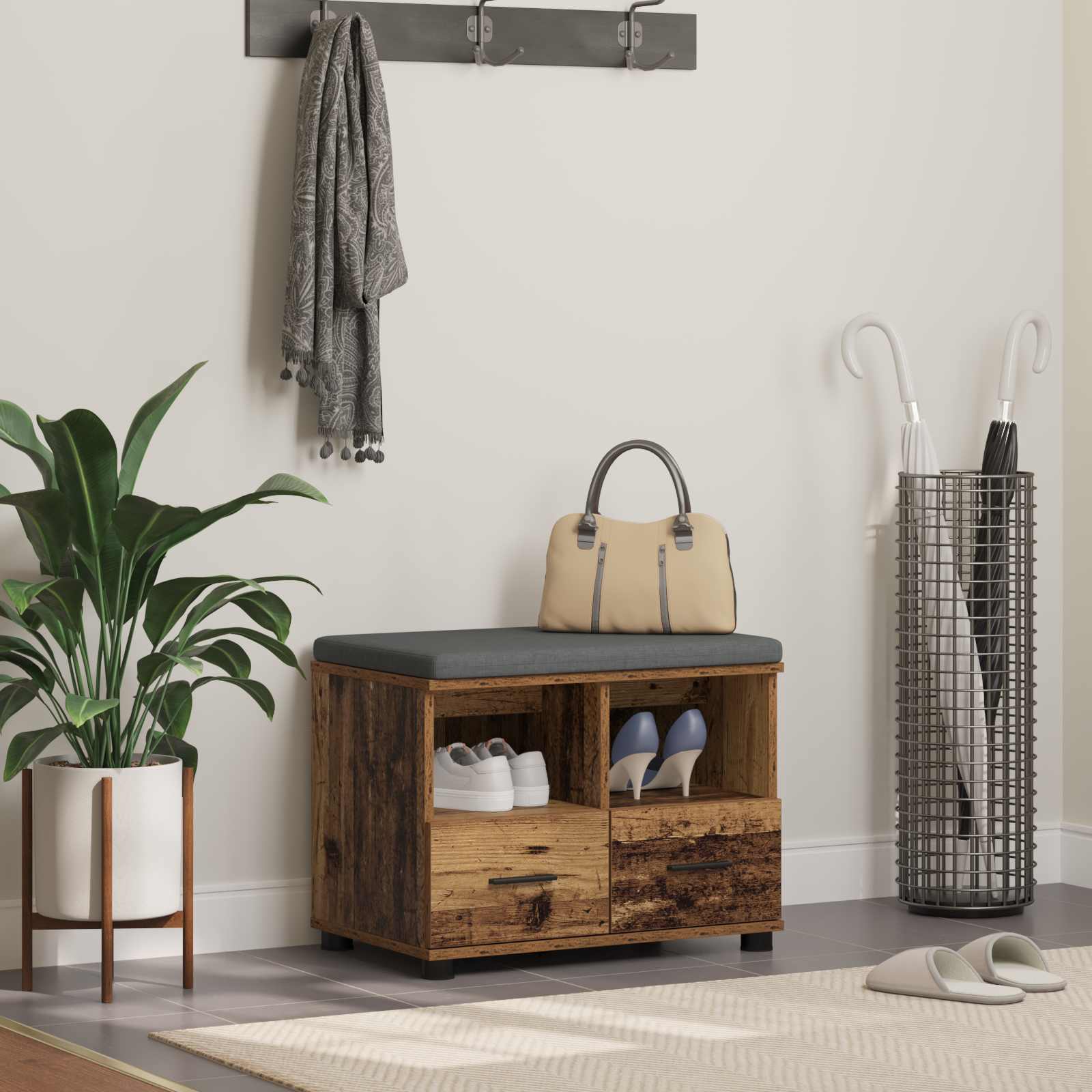 Panca per ingresso con cuscino Legno vecchio 60 x 38 x 46 cm 891454