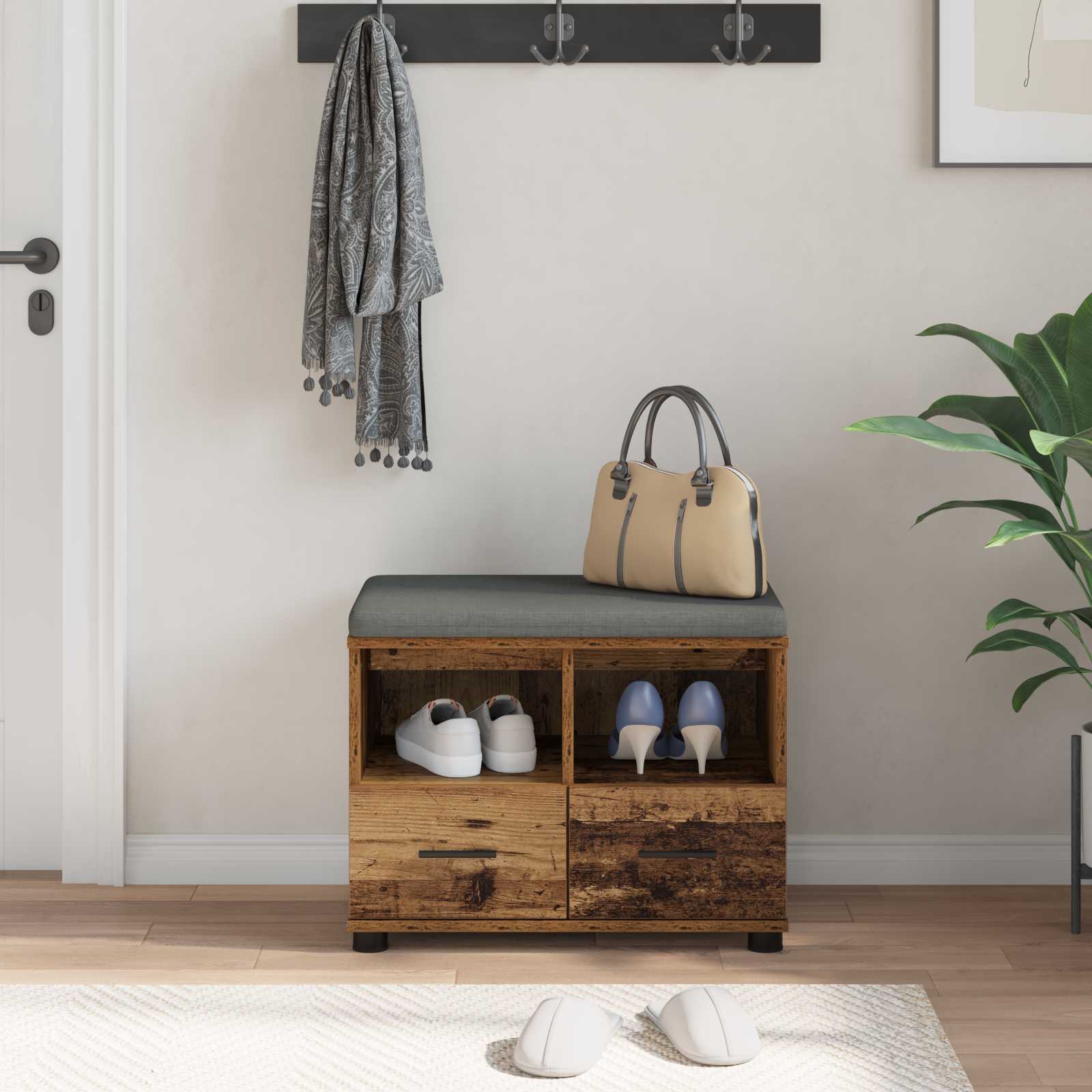 Panca per ingresso con cuscino Legno vecchio 60 x 38 x 46 cm 891454