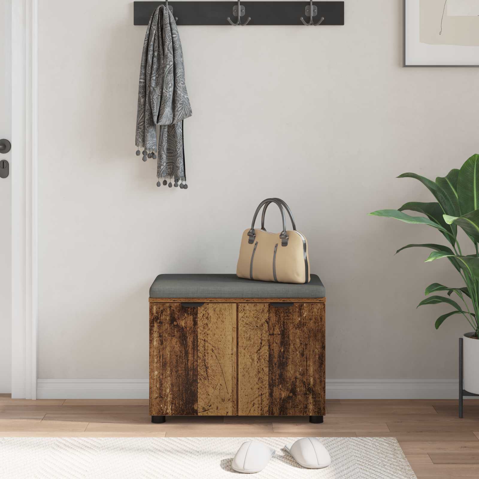 Panca per ingresso con cuscino Legno vecchio 60 x 38 x 46 cm 891478