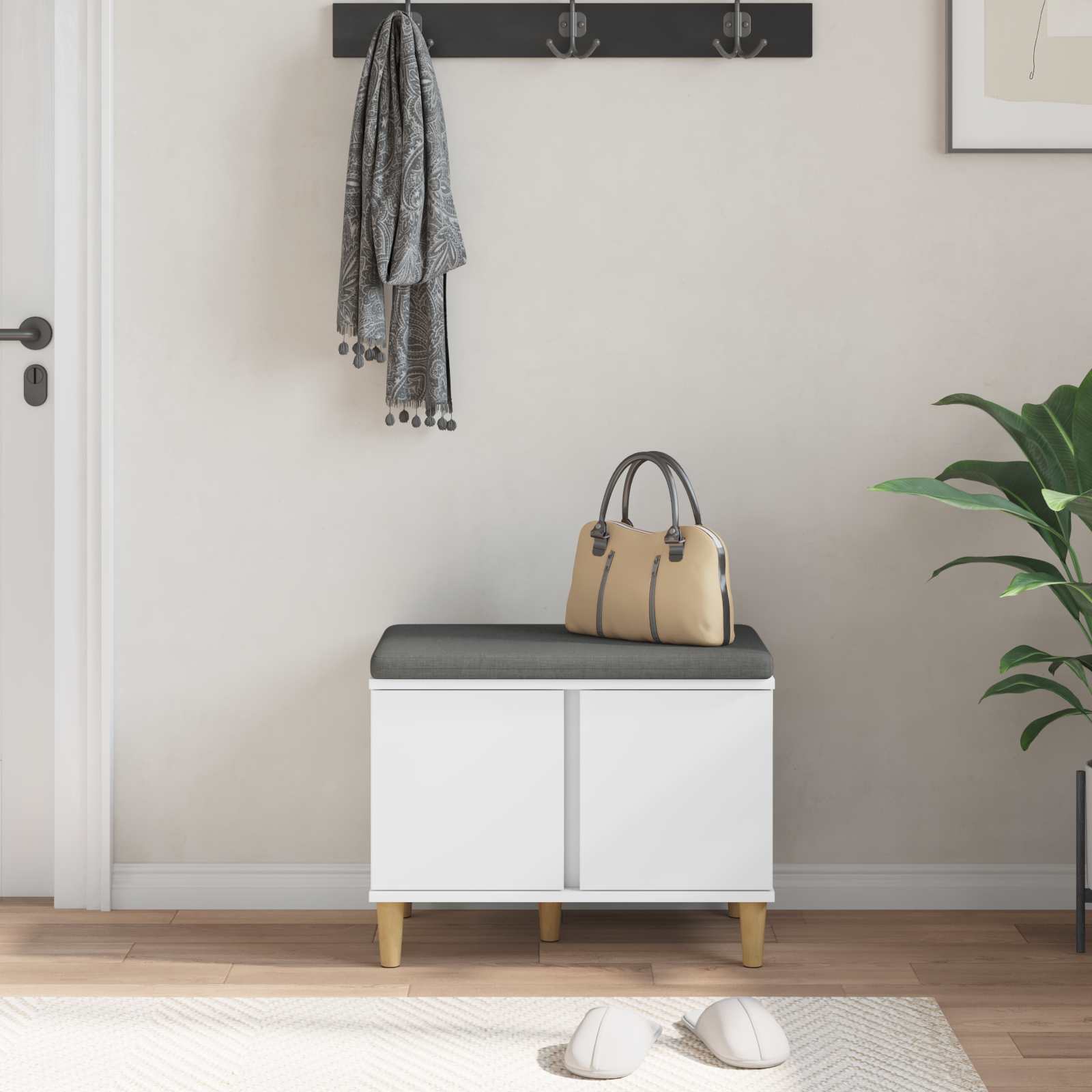 Panca per ingresso con cuscino con porta Bianco 60 x 38 x 46 cm 891520