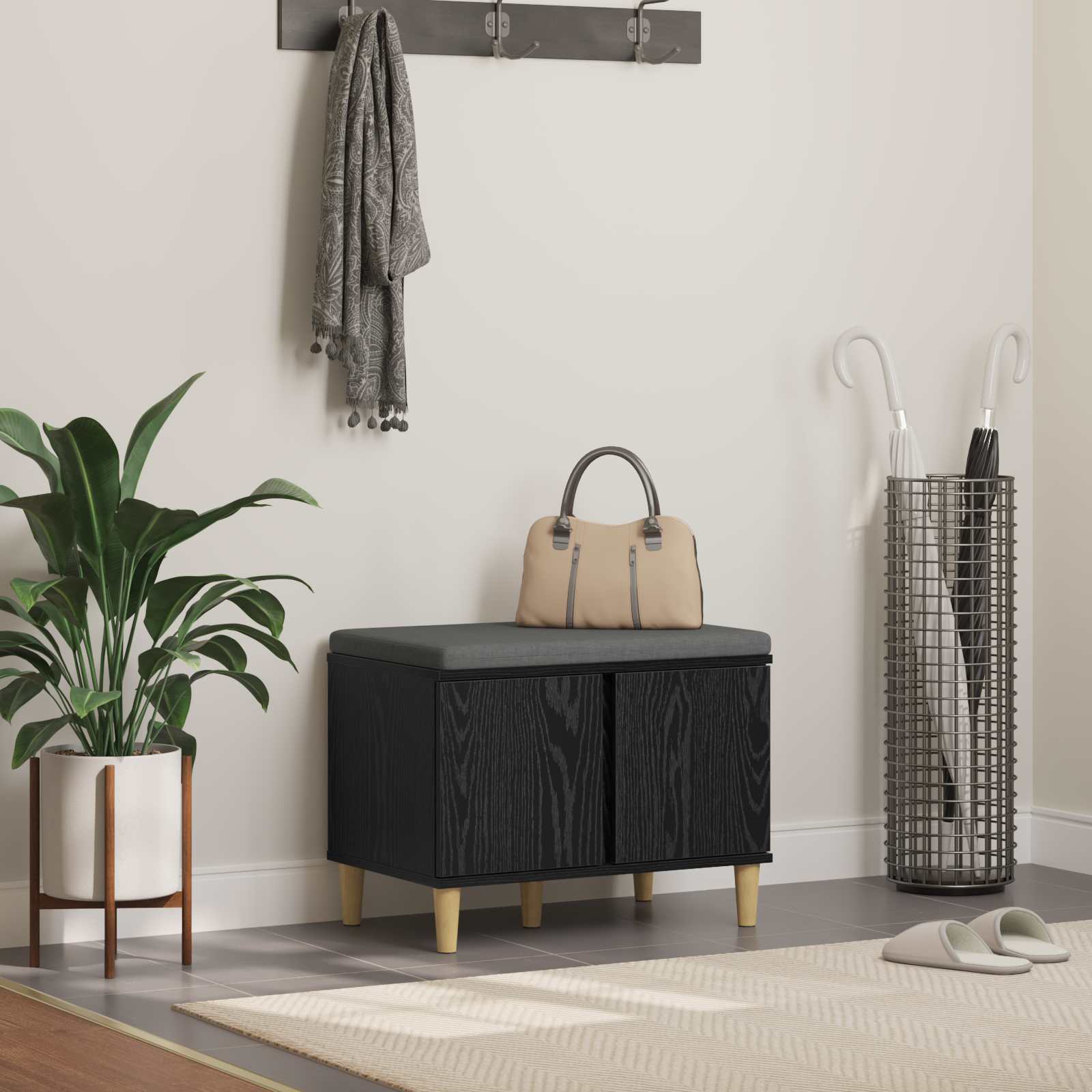 Panca per ingresso con cuscino Rovere Nero 60 x 38 x 46 cm 891521