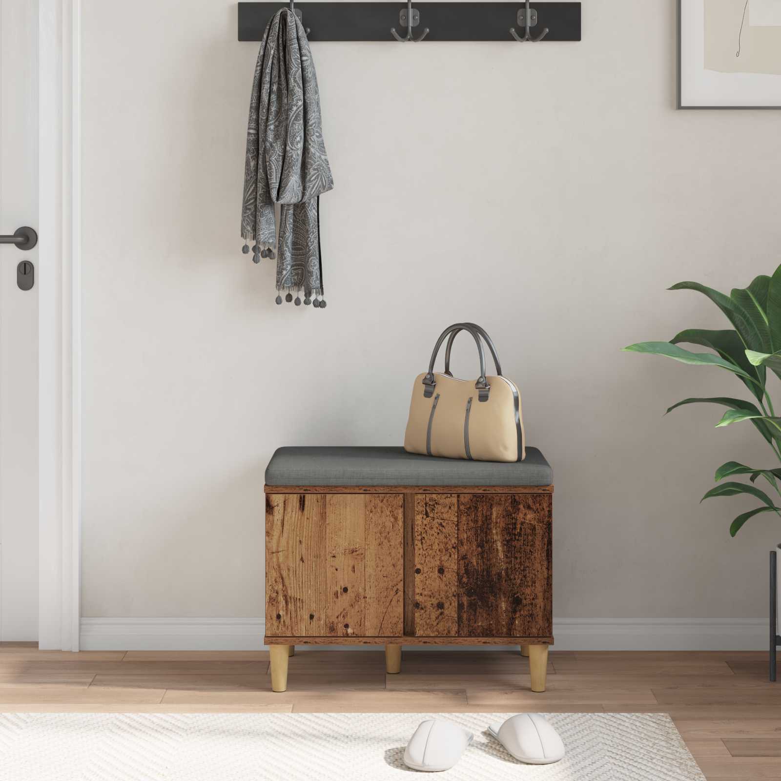 Panca per ingresso con cuscino Legno vecchio 60 x 38 x 46 cm 891526