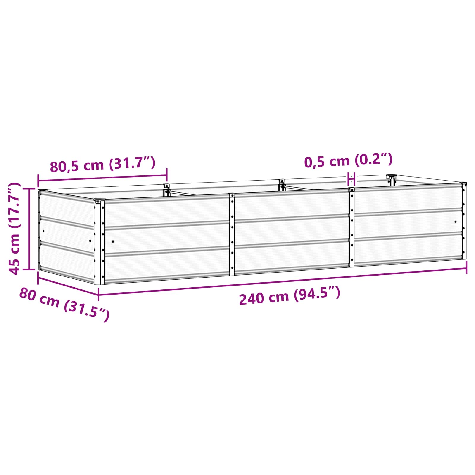 Fioriera-Vaso-Contenitore per Piante Antracite 240 x 80 x 45 cm Acciaio