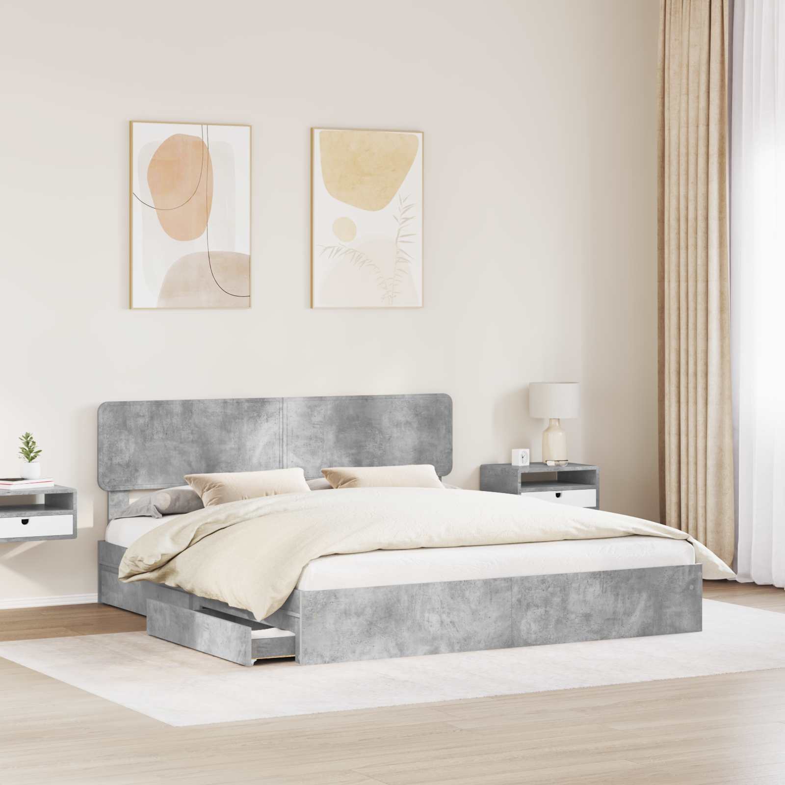Letto con Contenitore con testiera-Struttura Letto con contenitore Grigio cemento 200 x 200 cm 672711