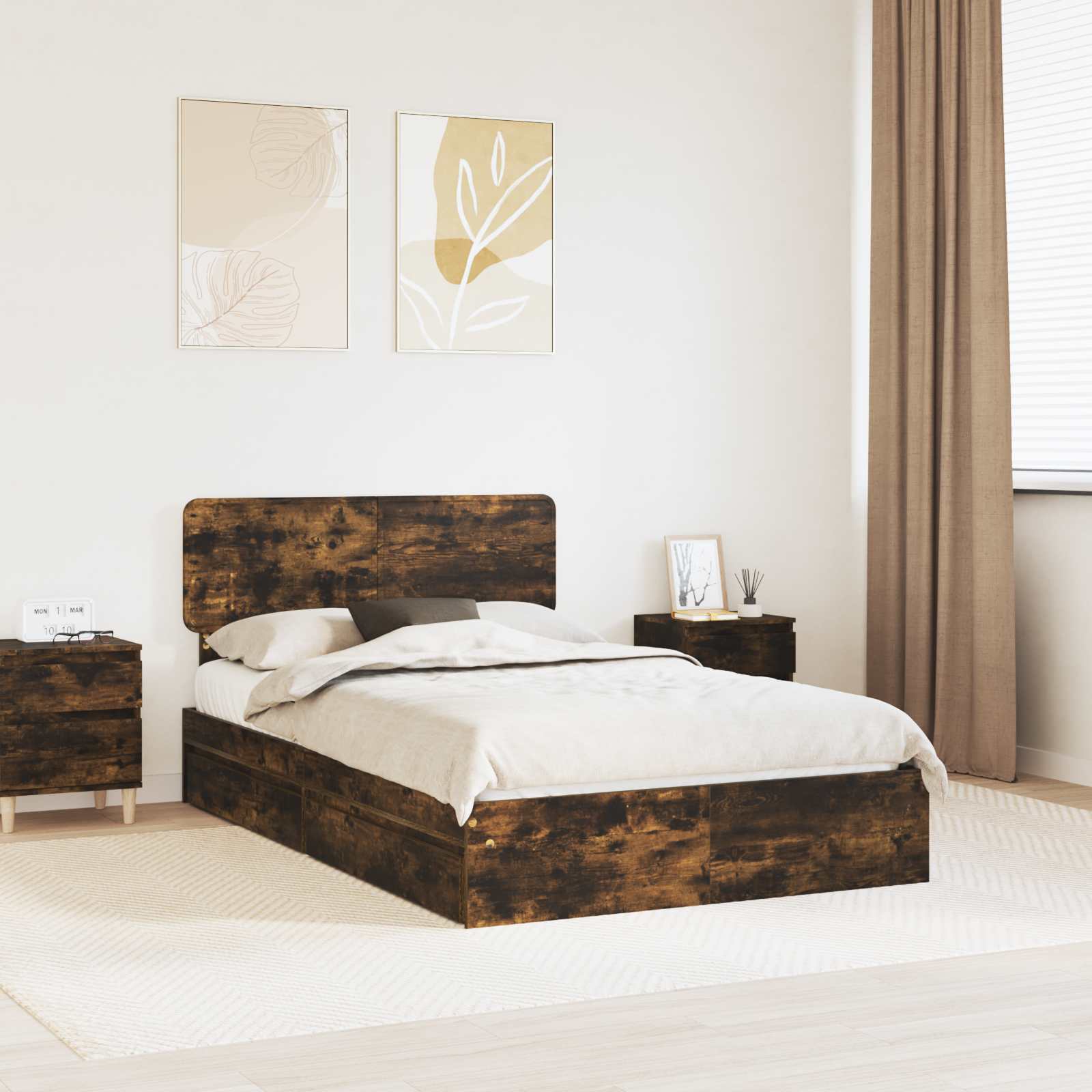 Letto con Contenitore con testiera-Struttura Letto con contenitore Rovere fum¨¦ 135 x 190 cm 371521