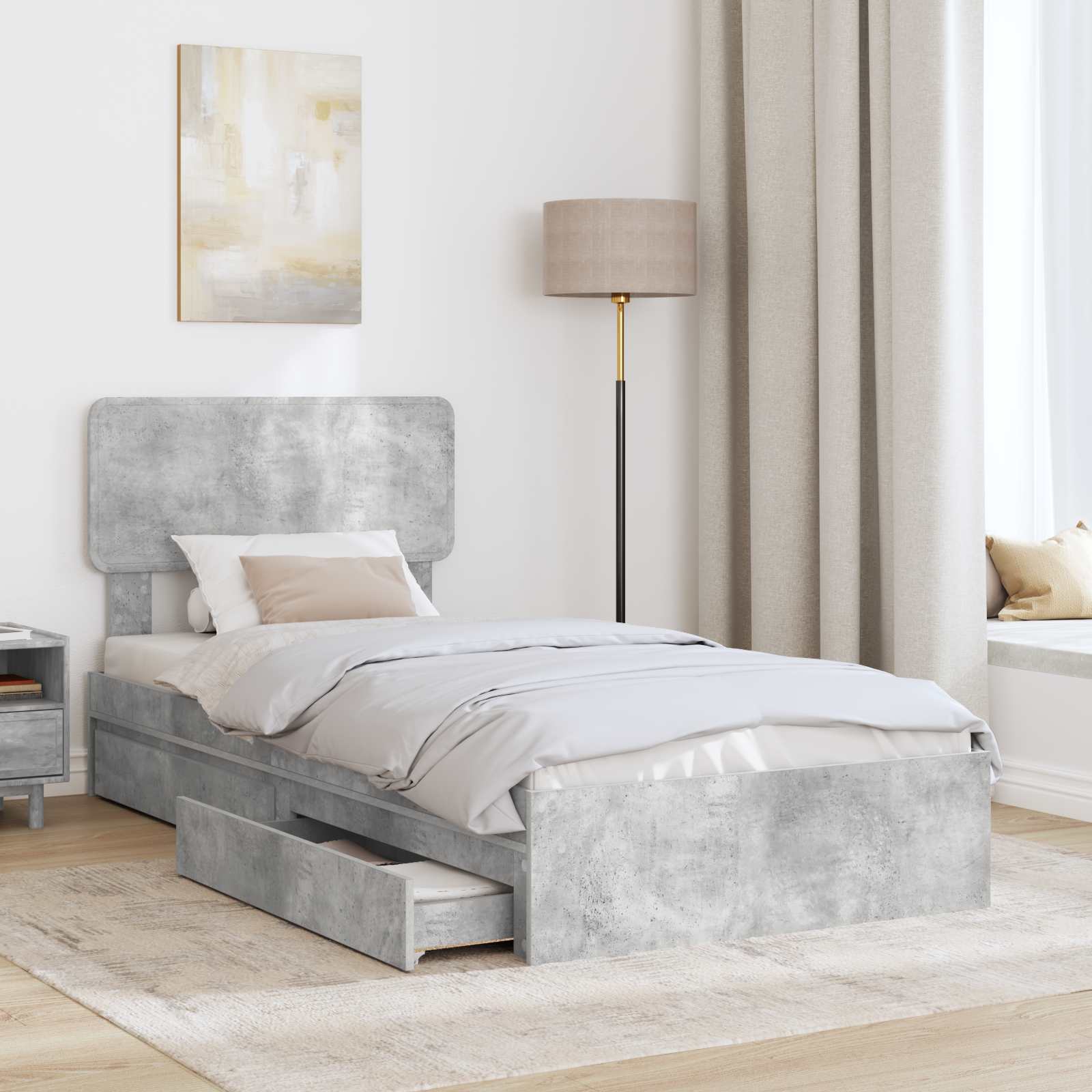 Letto con Contenitore con testiera-Struttura Letto con contenitore Grigio cemento 75 x 190 cm 486096