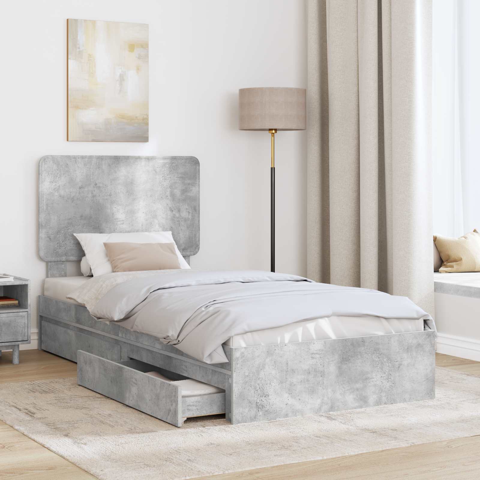 Letto con Contenitore con testiera-Struttura Letto con contenitore Grigio cemento 75 x 190 cm 467431