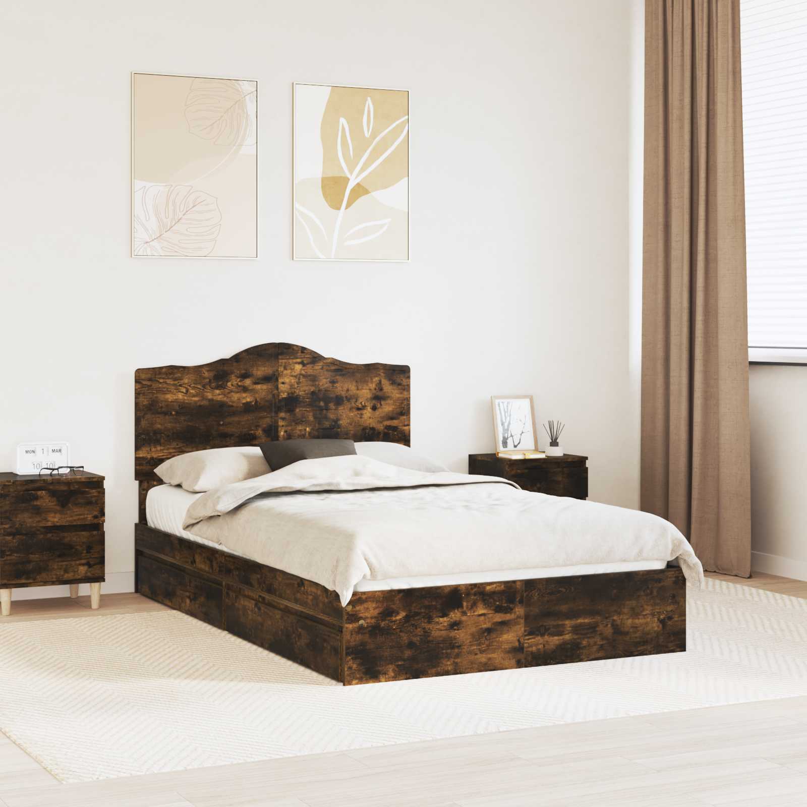 Letto con Contenitore con testiera-Struttura Letto con contenitore Rovere fum¨¦ 135 x 190 cm 725789