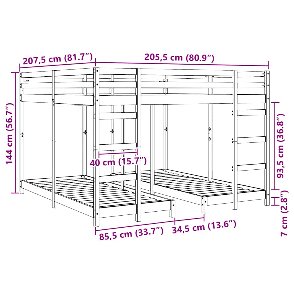 Struttura letto a castello triplo Naturale 80 / 200 x 200 cm 3414558
