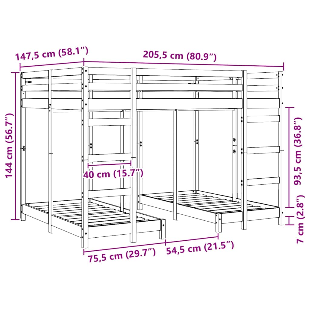 Struttura letto a castello triplo Bianco 140 x 200 cm 3414565