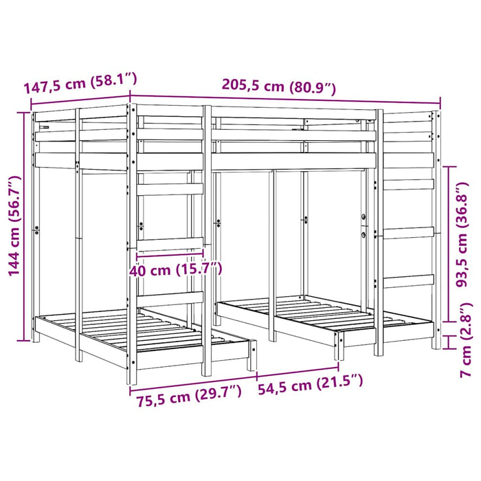 Struttura letto a castello triplo Bianco 140 x 200 cm 3414565