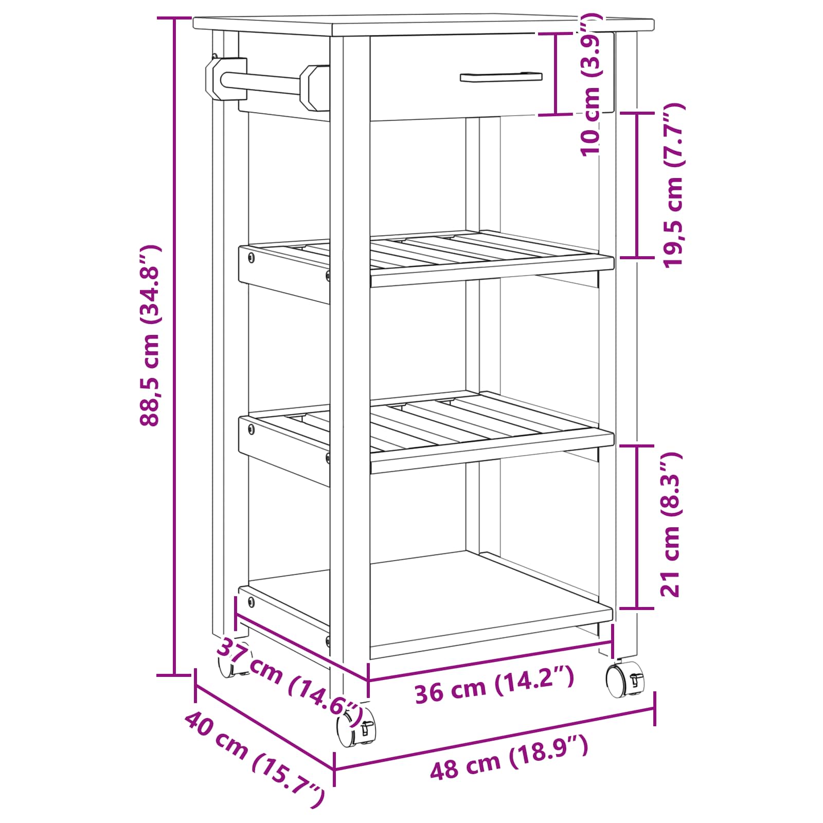 Carrello da Cucina Tinta unita Nero 88,5 x 40 x 48 cm 42027031