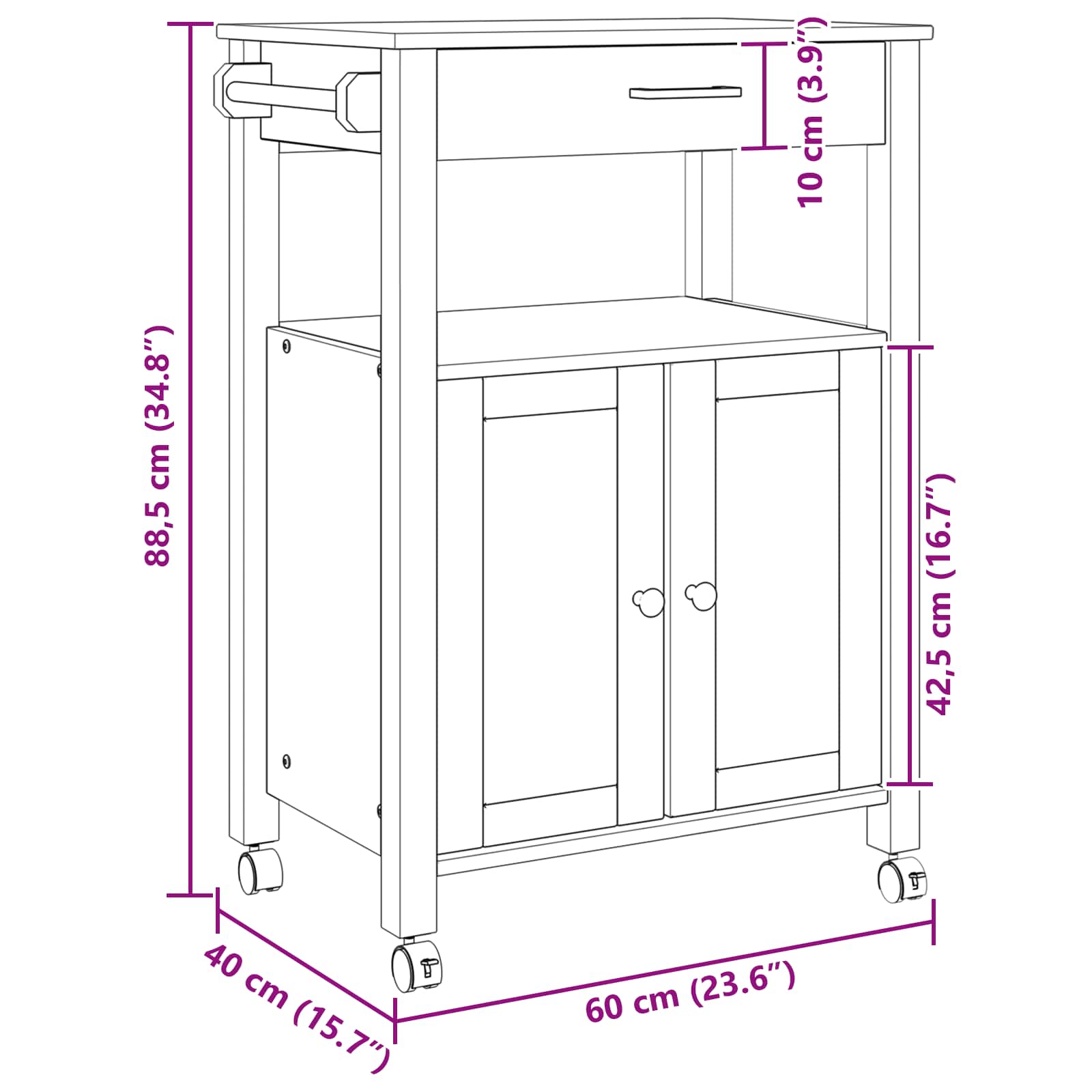 Carrello da Cucina Tinta unita Nero 88,5 x 40 x 60 cm 42027037