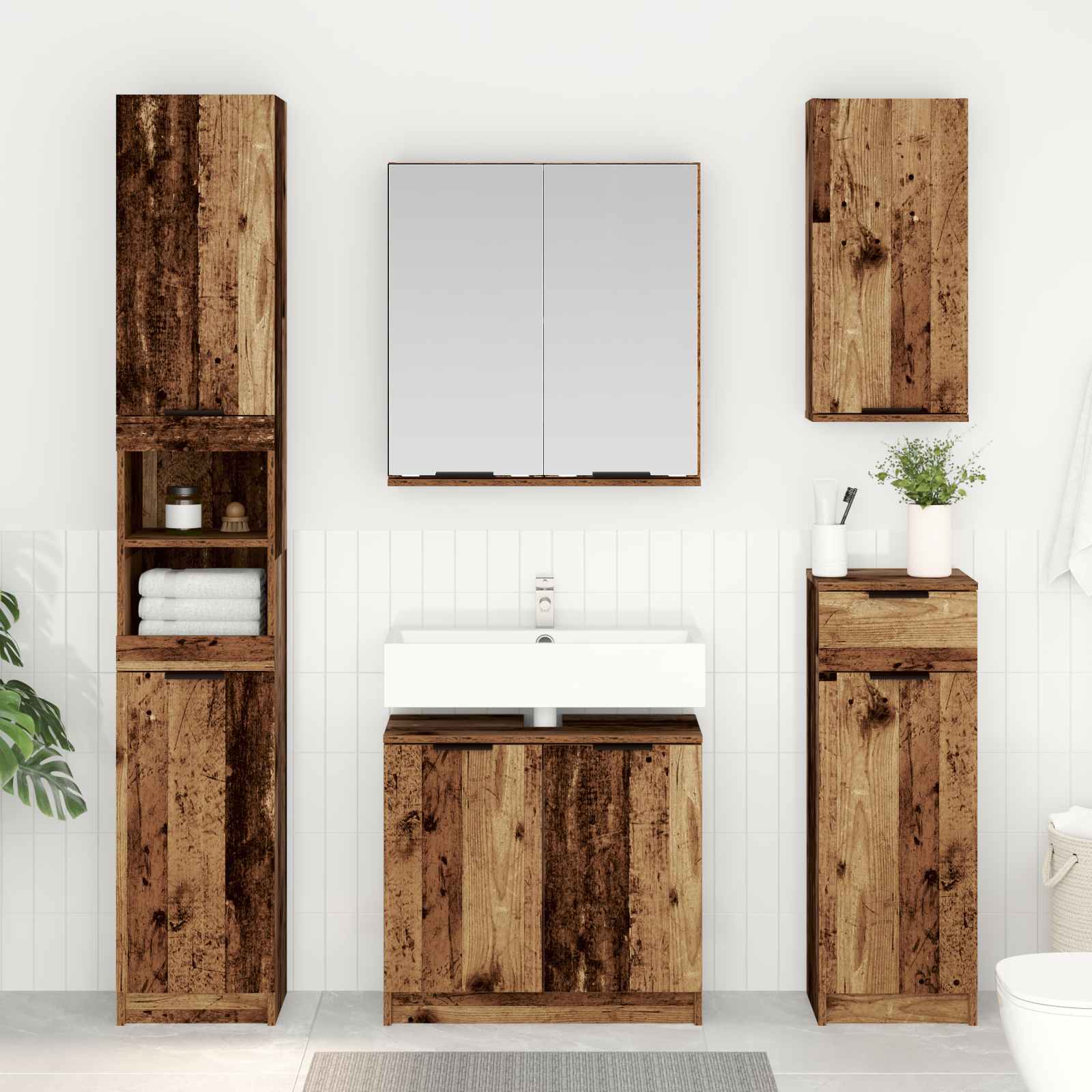 Set di mobili per il bagno con cassetto 4 pcs Legno vecchio 3415801