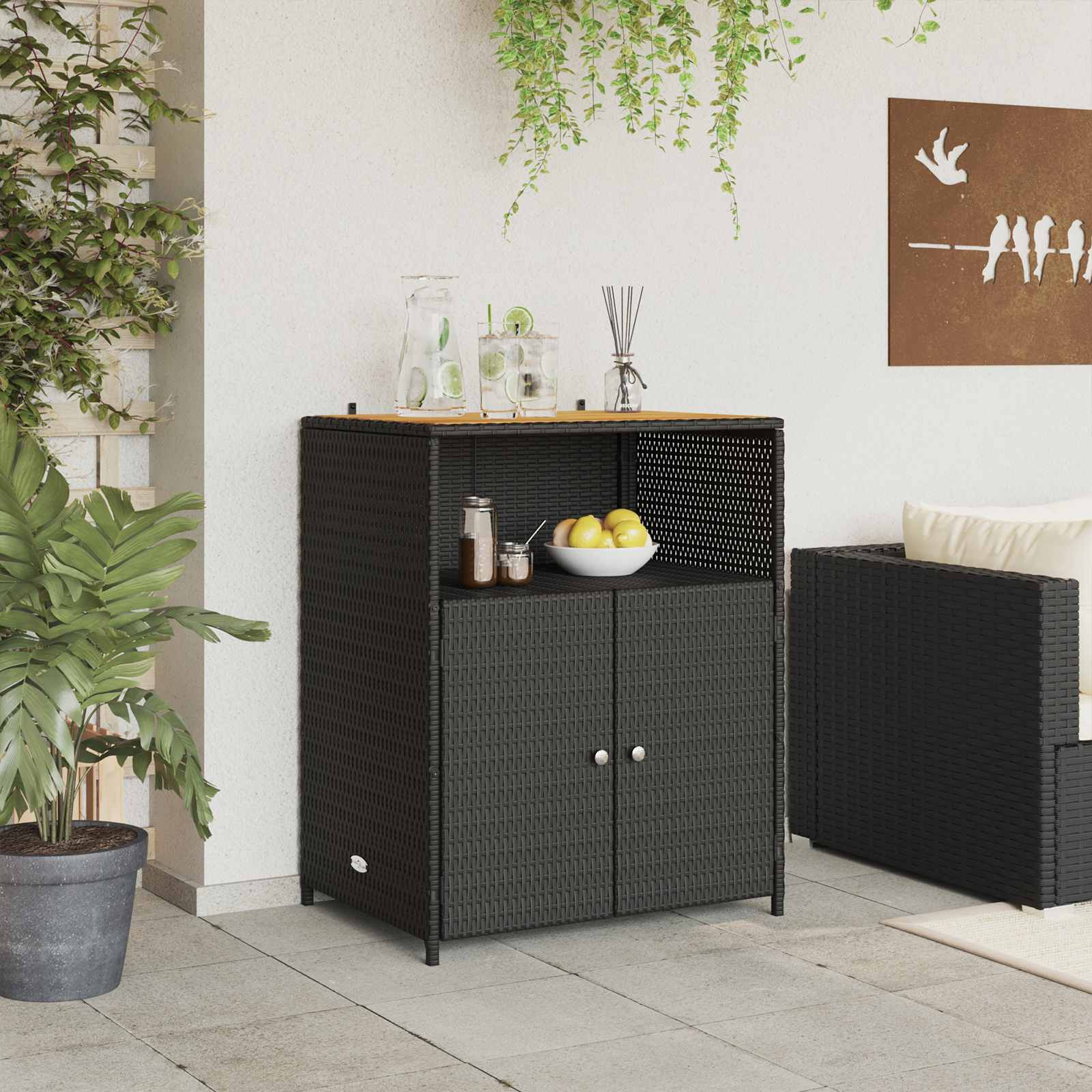 Armadietto Nero 70 x 50 x 87 cm Poliestere e Rattan Roly
