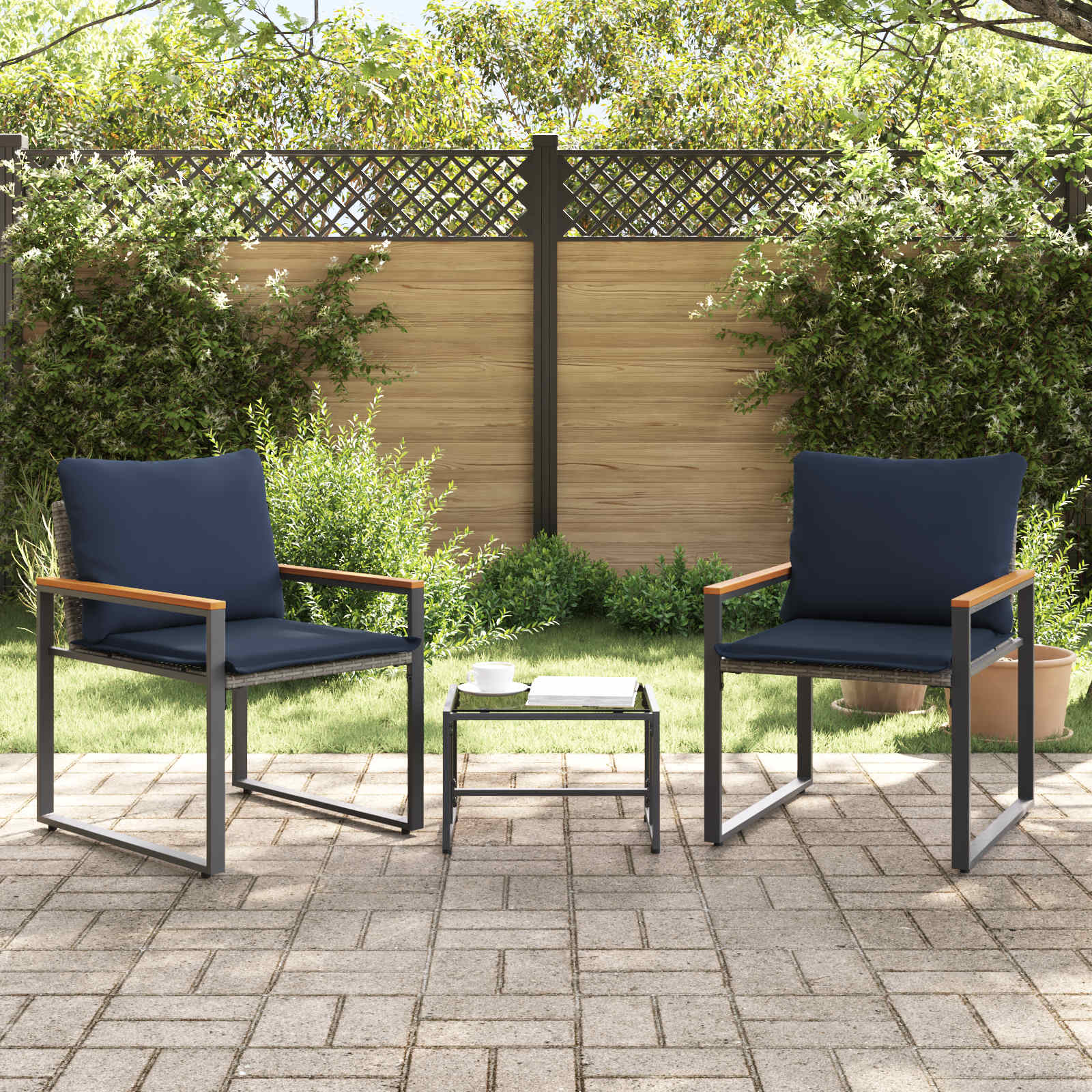 Set di Mobili con cuscino 3 pcs Grigio e Blu Navy Rattan 42026949