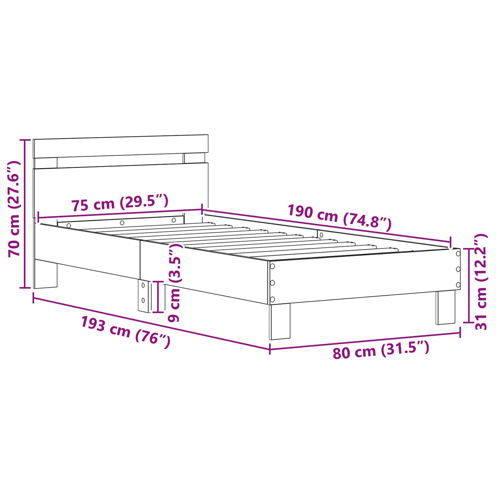 Struttura del letto Rovere Nero 75 x 190 cm Legno multistrato 8003738
