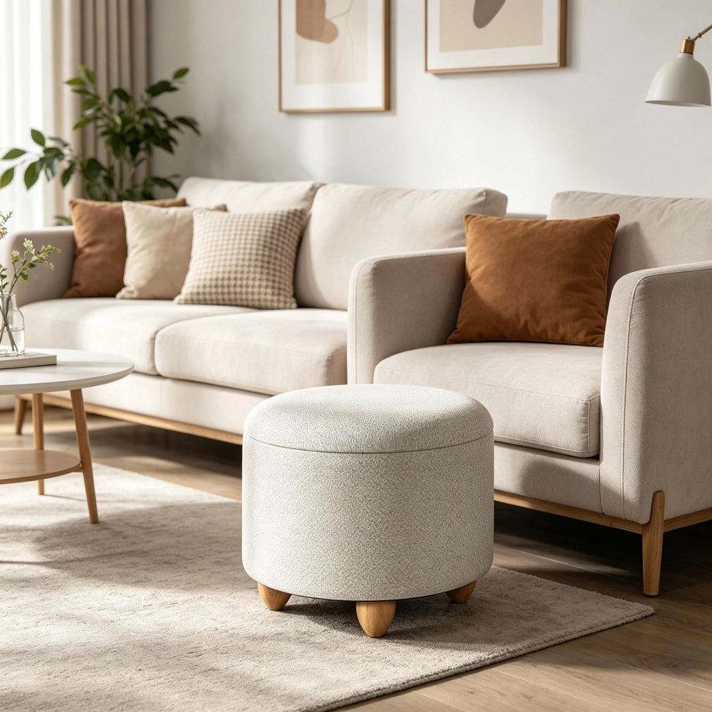 Pouf contenitore rotondo in lino con seduta imbottita e vassoio in legno per soggiorno, bianco crema