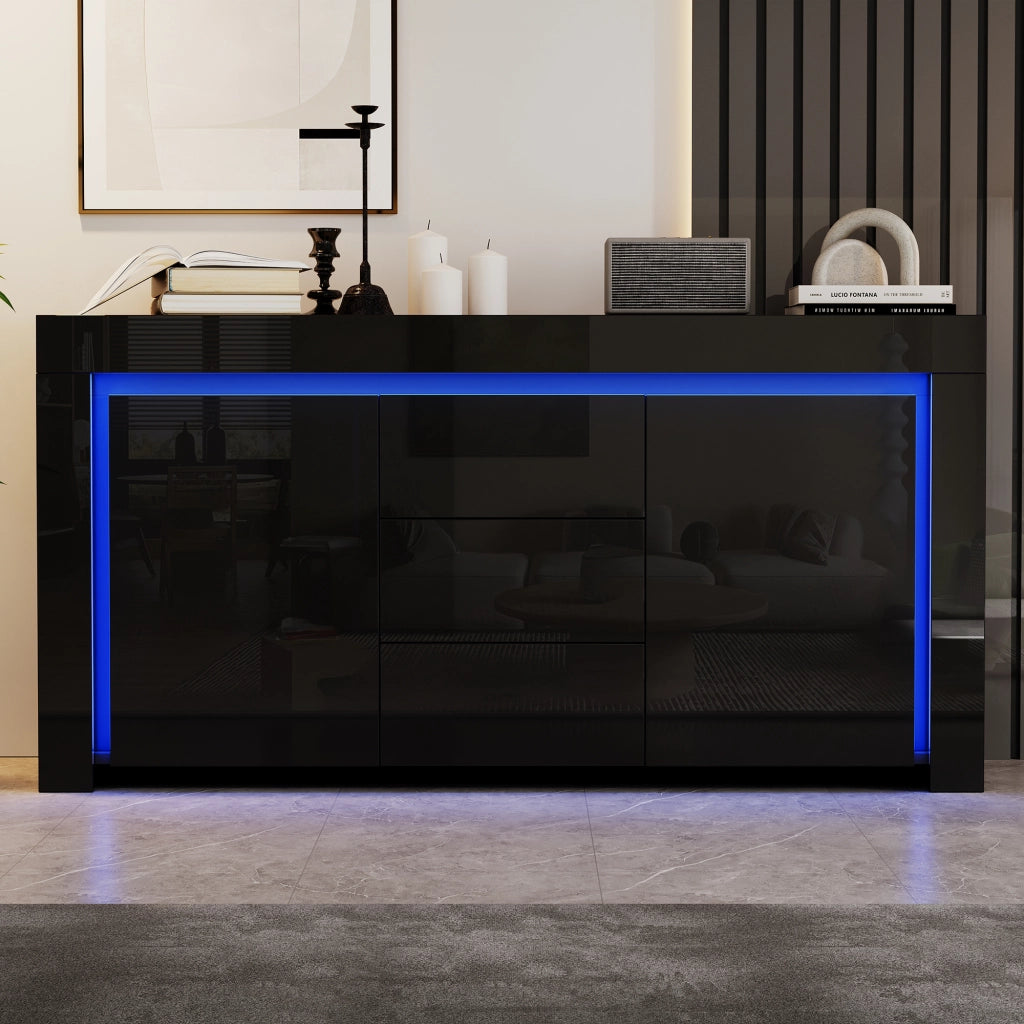Sideboard moderno nero 140 x 40 x 65 cm con 2 ante, 3 cassetti, LED e finitura lucida