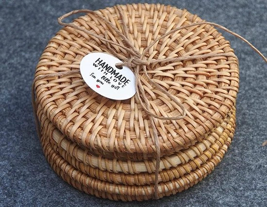 Set di sostegni in rattan da tavolo da 6, sostegni in vetro rotondi Ø 10 cm, sostegni naturali manufatti per bicchieri, tazze, bar, vaso, sostegni da tavolo duraturi