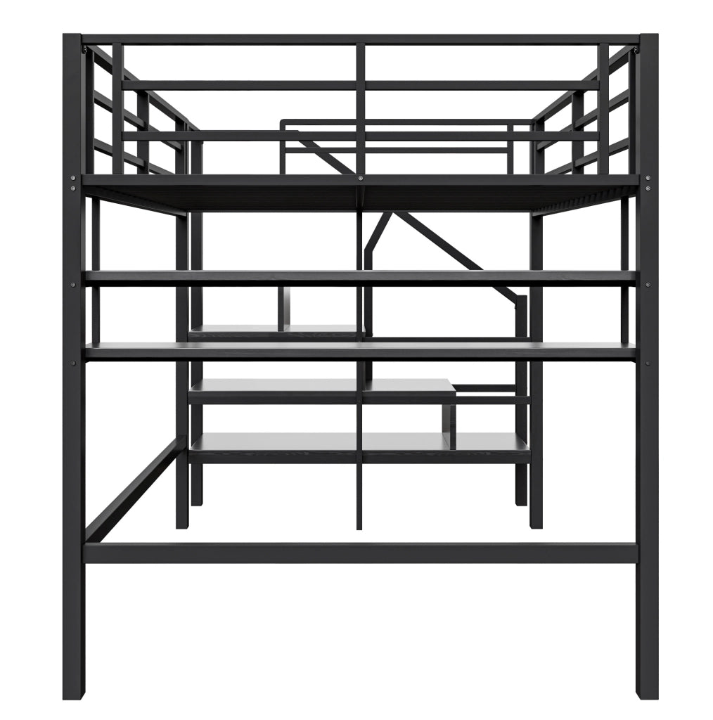 Letto a soppalco 140x200 cm; con ripiani e scala contenitore; metallo nero (Senza materasso)