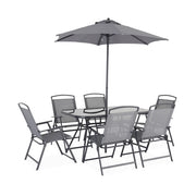Set tavolo da giardino in acciaio con 6 poltrone e 1 ombrellone,