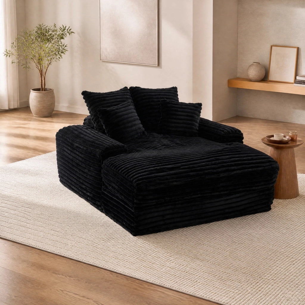 CHAISE LONGUE 175x137x63 cm in velluto a coste nero, 4 cuscini rimovibili