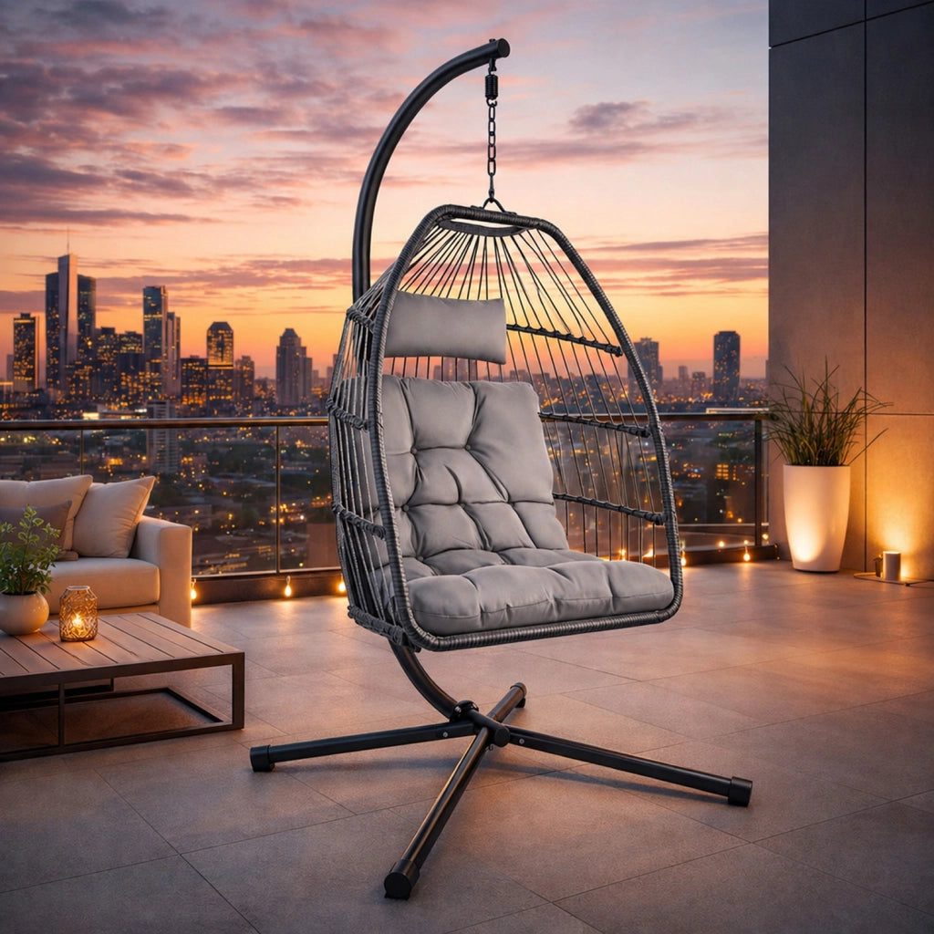 Poltrona Da Giardino Sospesa In Metallo E Rattan Con Cuscino Incluso Sedia A Dondolo Ideale Per Balcone E Terrazzo Arredo Da Esterno Design Moderno 107 x 98 x 202 Cm Grigio
