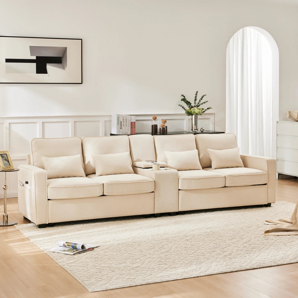Divano Dritto 4 Posti con Consolle; 2 Portabicchieri e 2 Porte USB; Cuscini di Supporto; in Lino Beige