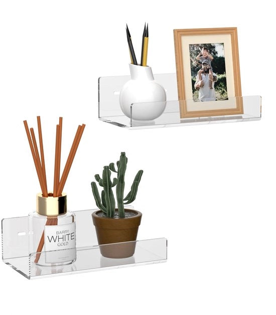 Set da parete in acrilato trasparente 18CM (2 pezzi), pannelli da parete per libri, accessori per la casa, orologio digitale, altoparlante e bottiglia di vino