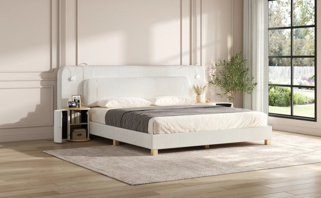 Letto 140x200 cm in velluto a coste beige, con comodino e lampada da notte