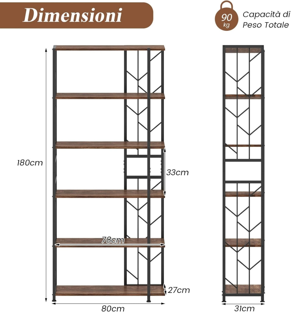Libreria a 6 Ripiani, Libreria Geometrica Moderna con Telaio in Metallo, Scaffale da Terra con 2 Kit Antiribaltamento per Soggiorno Camera da Letto Studio, 80x31x180 cm (Marrone)